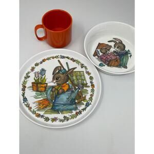 Vintage SiLite Melmac Style Child's Dish/Bowl/Cup Set Boy Bunny Cottagecore Home